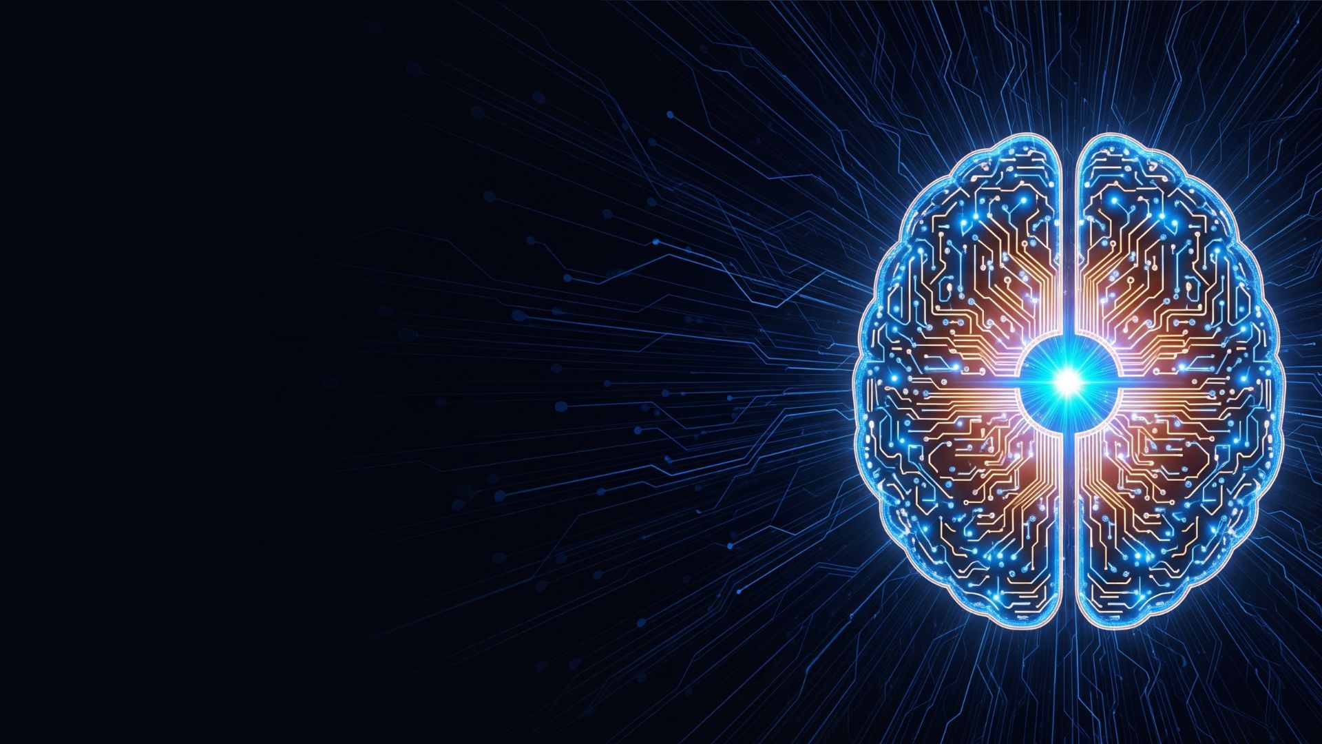 Cérebro digital em tons de azul neon e laranja sobre fundo escuro com circuitos, símbolo de inteligência artificial, tecnologia e inovação, capa do site The Variant Official