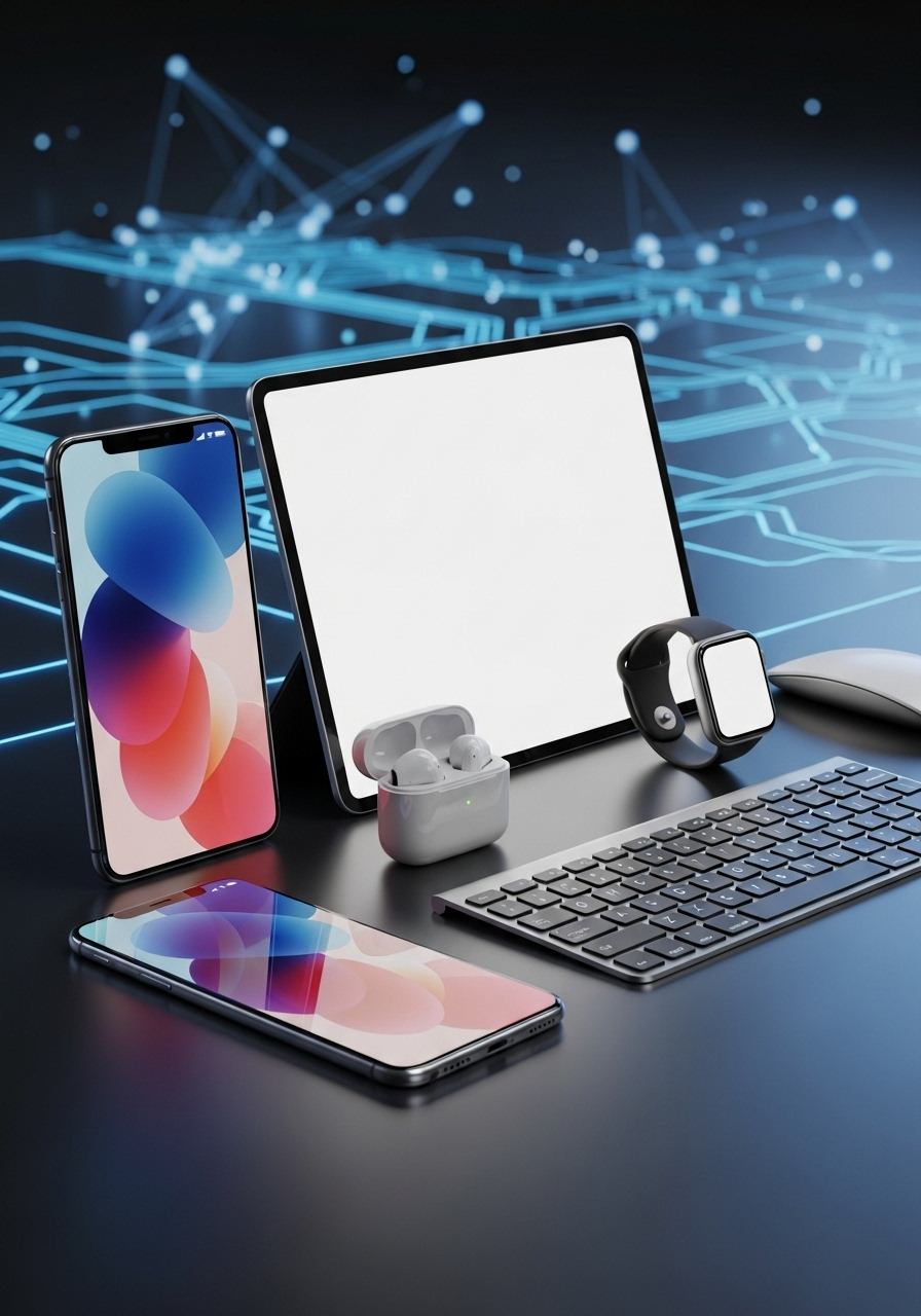 Aparelhos eletrônicos modernos: smartphone, tablet, notebook e smartwatch, destacando inovação tecnológica e integração digital. The Variant Official