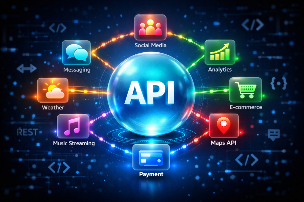 Diagrama visual em 3D mostrando uma API central em azul brilhante conectada a 8 serviços diferentes: Social Media, Messaging, Weather, Music Streaming, Analytics, E-commerce, Maps API e Payment, com linhas coloridas representando a comunicação entre eles.