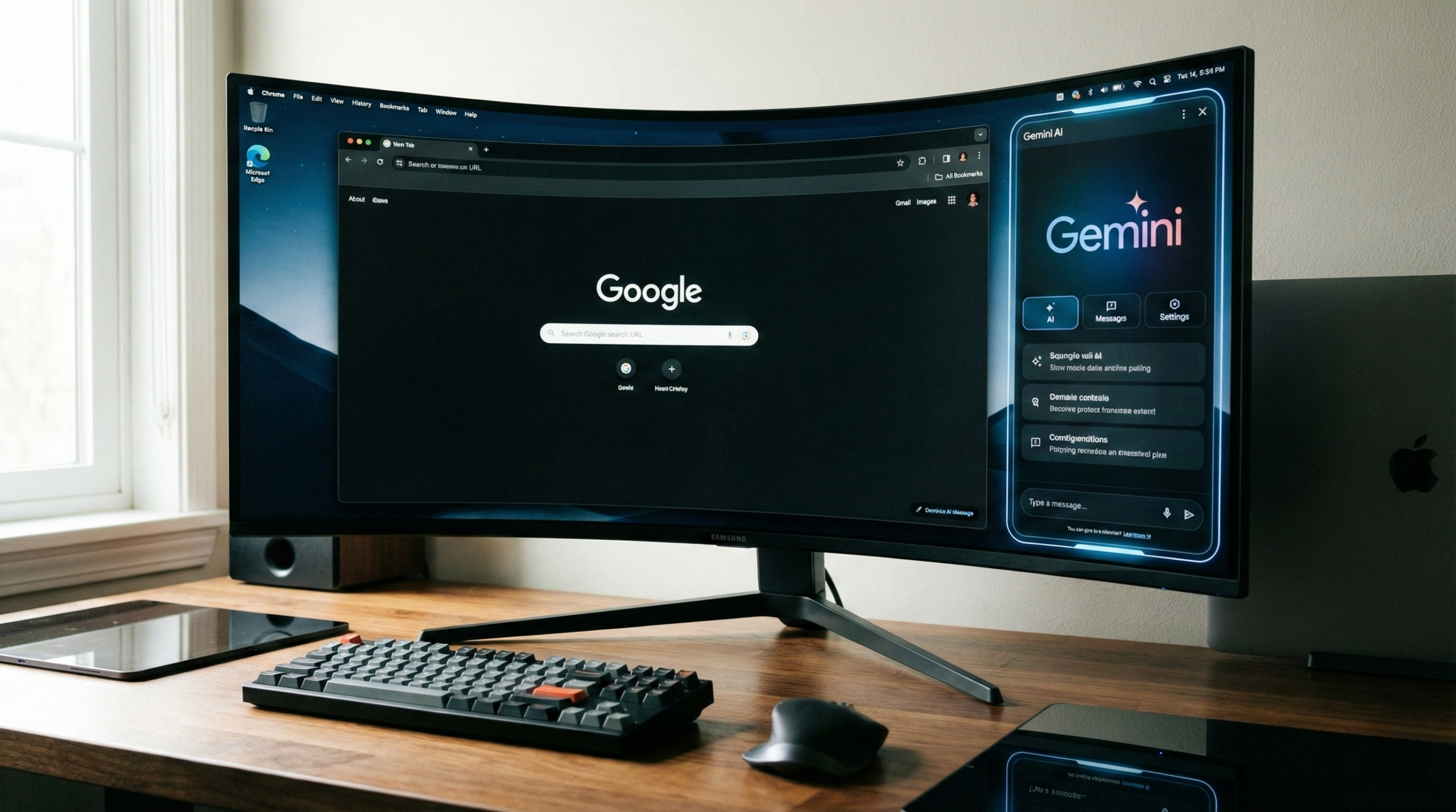 Navegador Google Chrome aberto em um monitor de desktop com um painel lateral do Gemini exibindo recursos de inteligência artificial para navegação e produtividade