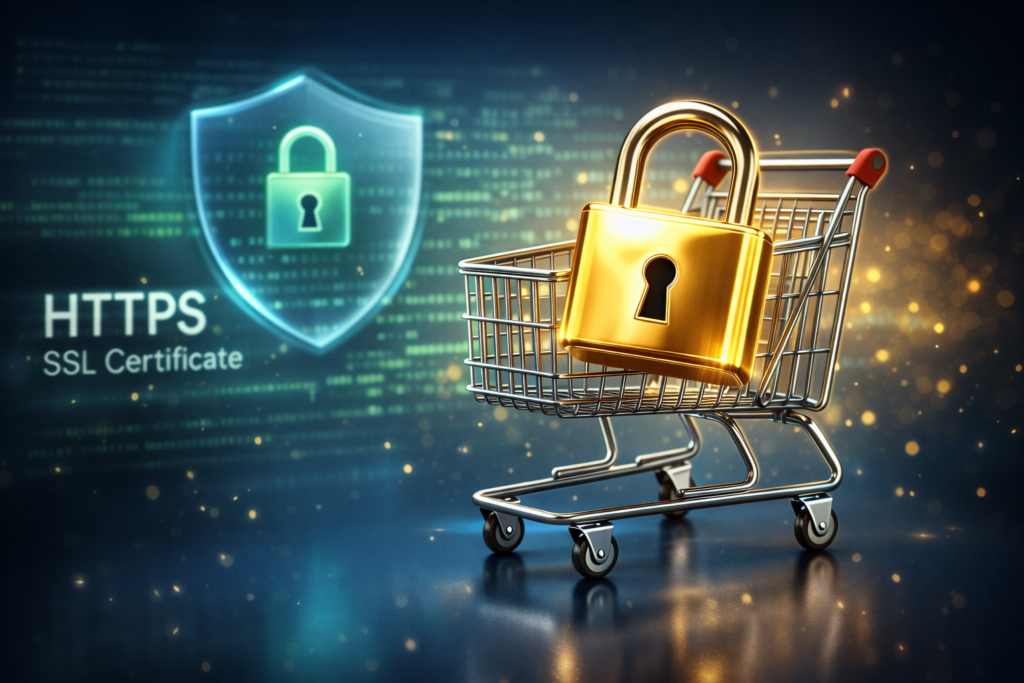 Carrinho de compras com cadeado dourado brilhante em fundo com código digital e ícone HTTPS, representando a criptografia SSL/TLS que protege dados sensíveis durante o processo de checkout e pagamento online.