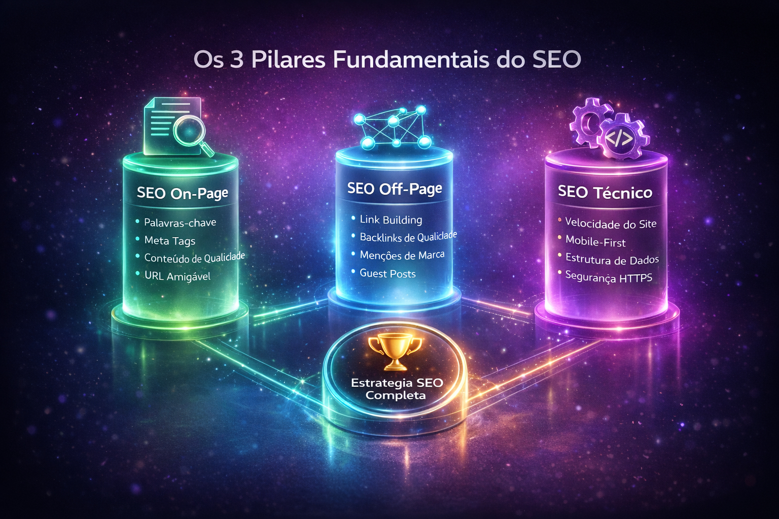 Infográfico visual em 3D com três pilares do SEO: SEO On-Page (palavras-chave, meta tags, conteúdo), SEO Off-Page (link building, backlinks, menções de marca), e SEO Técnico (velocidade, mobile-first, segurança HTTPS).