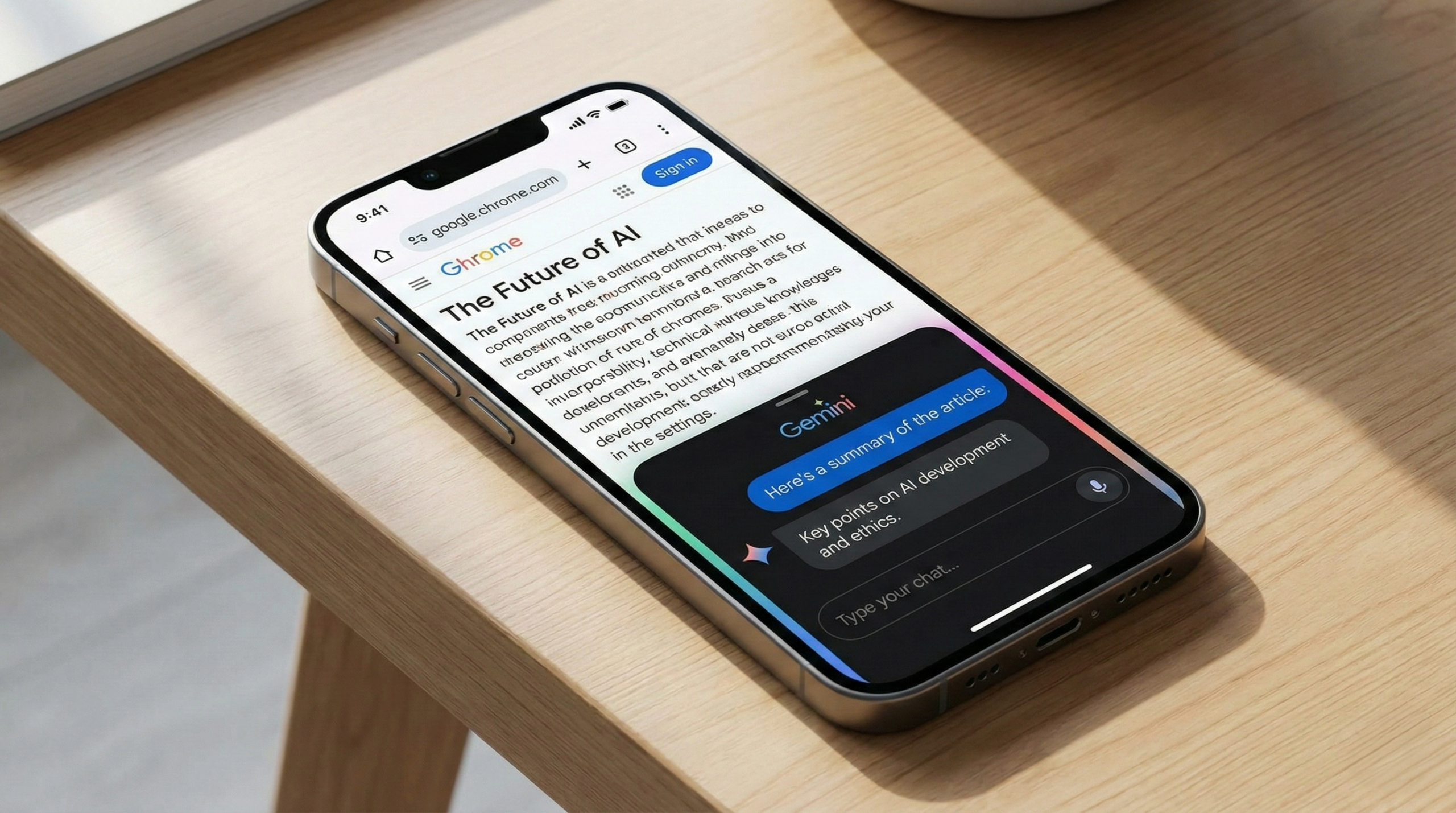Smartphone exibindo o aplicativo Google Chrome com uma janela de chat do Gemini sobreposta oferecendo explicações e resumo da página acessada
