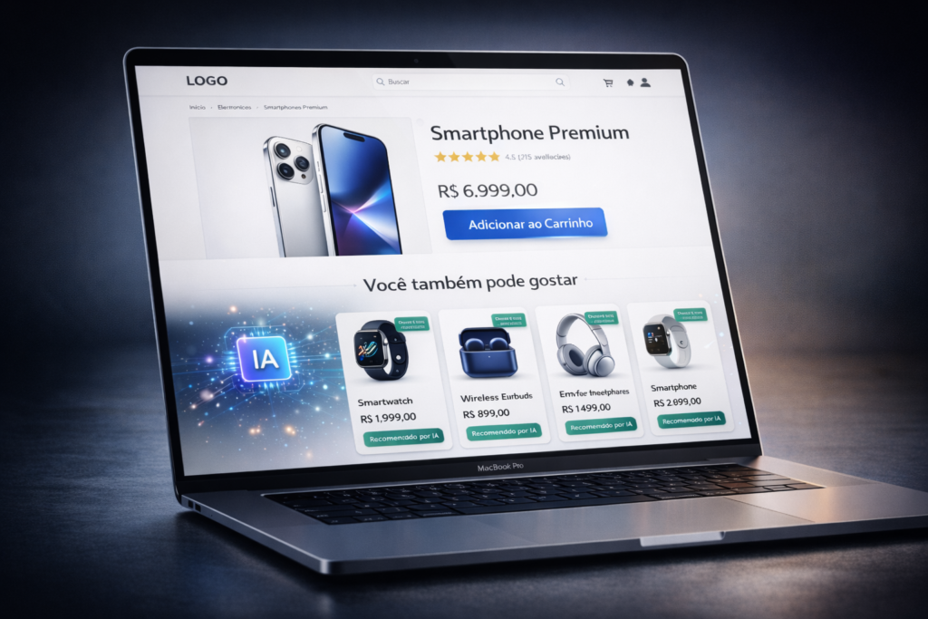 Laptop exibindo um painel de recomendação de produtos gerados por IA com seção "Você também pode gostar" destacando diferentes itens e produtos relacionados, exemplo de Machine Learning aplicado ao e-commerce.