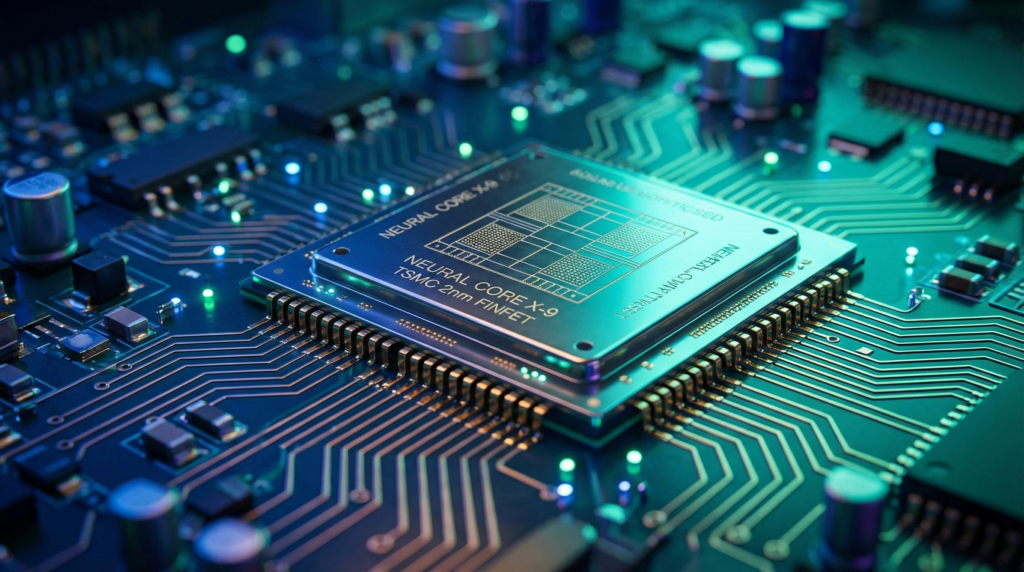 Close-up de um microchip iluminado em tons de azul e verde em uma placa de circuito, simbolizando o poder de processamento da inteligência artificial