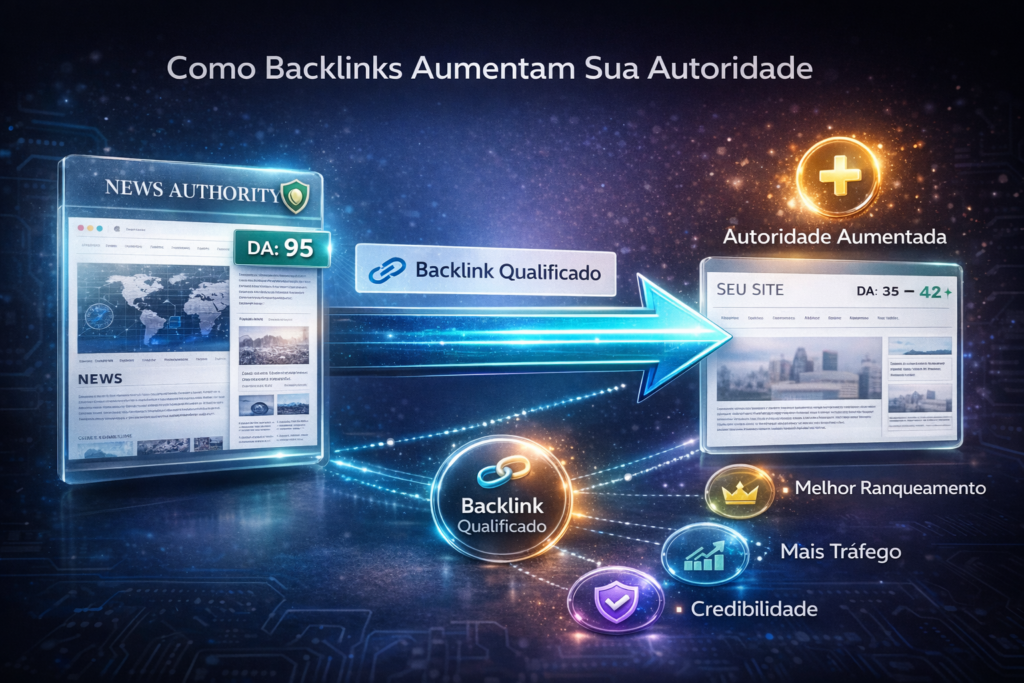 Diagrama visual mostrando um site de alta autoridade (News Authority com DA 95) enviando backlink qualificado para um site que recebe aumento de autoridade (de DA 35 para DA 42), com ícones representando melhor ranking e mais tráfego.