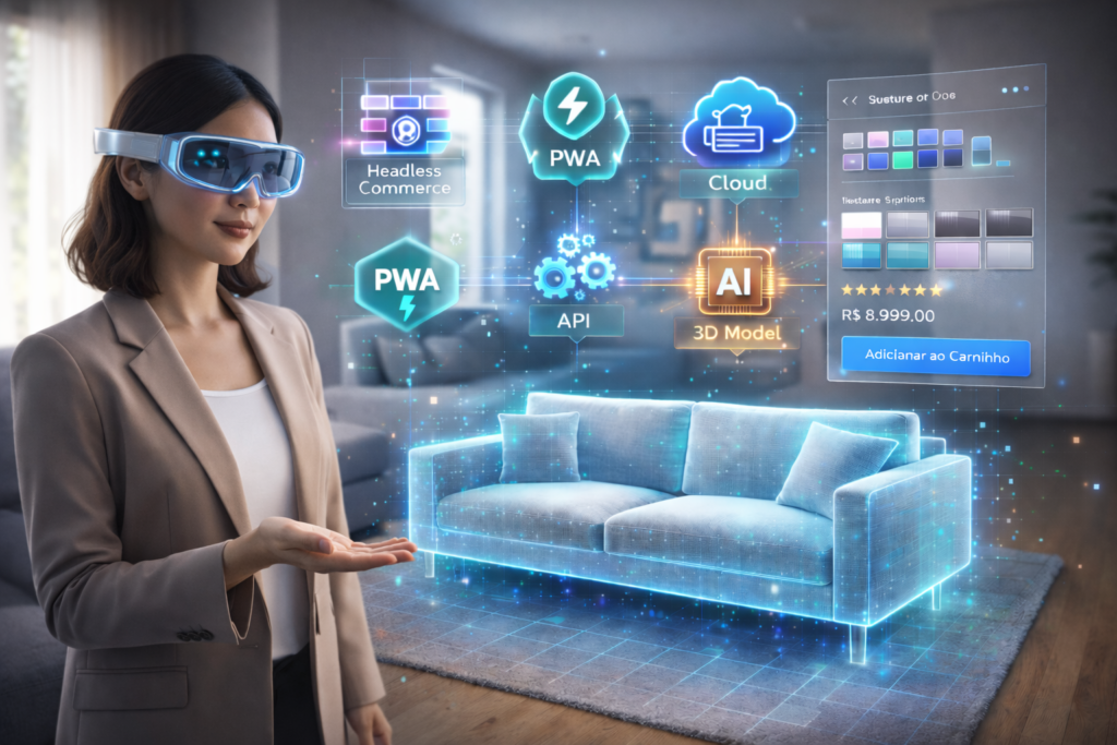 Mulher usando óculos de realidade aumentada apontando para sofa virtual em AR, com ícones de PWA, Cloud, AI e APIs flutuando ao fundo, representando a integração de Realidade Aumentada, Progressive Web Apps, Headless Commerce e tecnologias em nuvem para experiências de compra imersivas omnichannel.