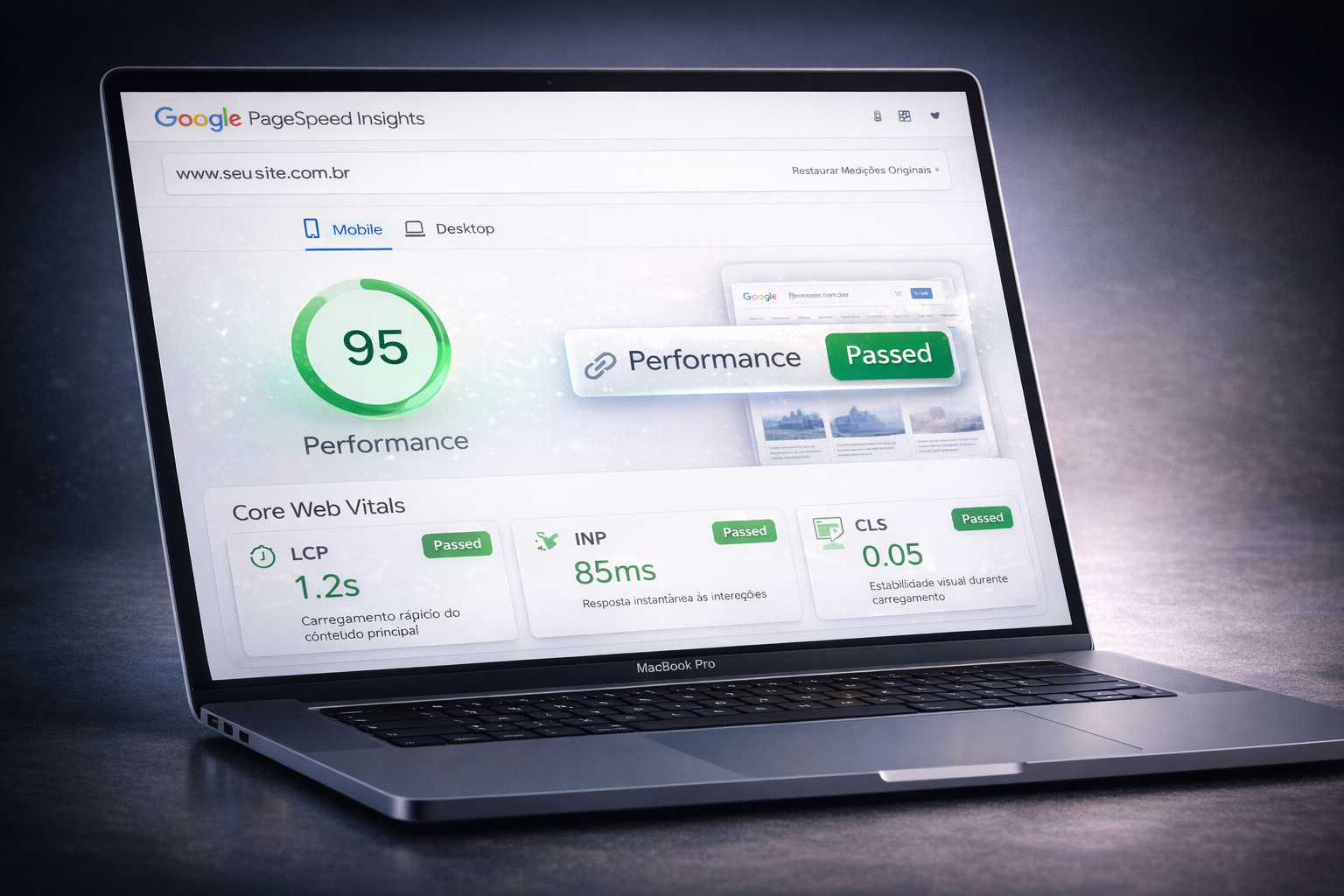 Screenshot do Google PageSpeed Insights mostrando resultados de performance com Core Web Vitals: LCP (Largest Contentful Paint) 1.2s com status Passed, INP (Interaction to Next Paint) 85ms com Passed, CLS (Cumulative Layout Shift) 0.05 com Passed, indicando desempenho verde excelente de velocidade.