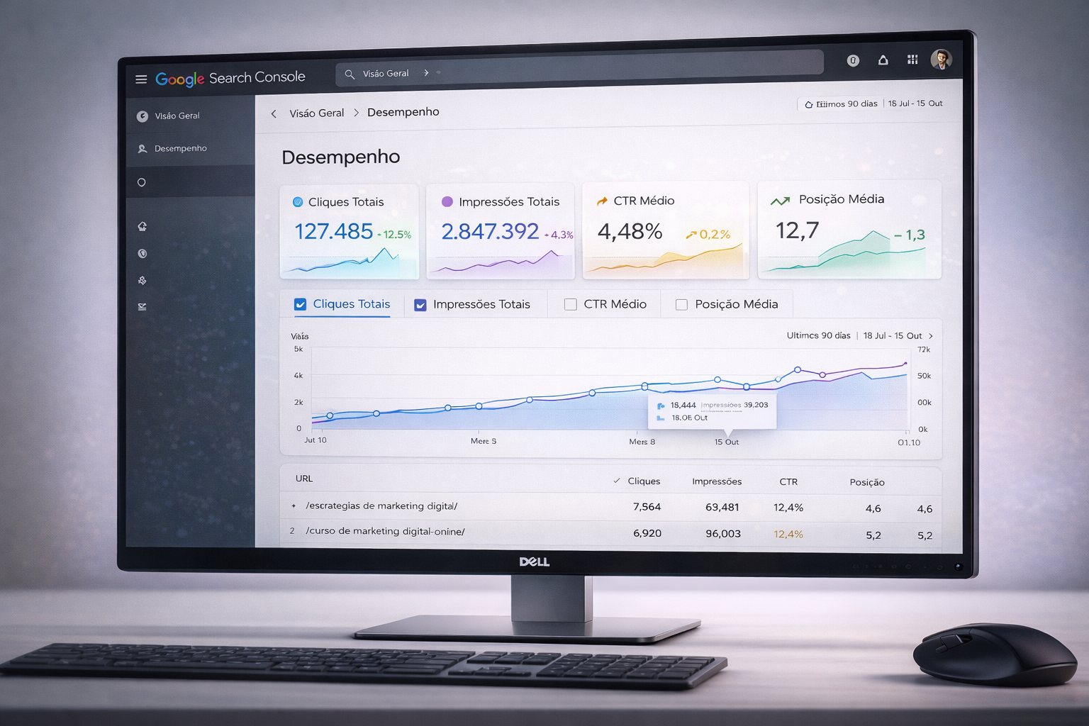 Captura de tela do Google Search Console mostrando o painel de desempenho com gráficos de cliques totais e impressões totais em evolução ao longo do tempo, exibindo dados de diferentes consultas de busca e páginas indexadas.