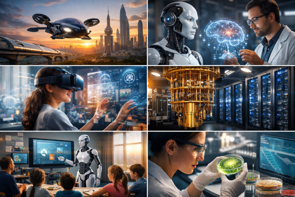 Imagem em destaque mostrando composição tecnológica futurista em tons de azul, simbolizando a retrospectiva 2025 da inteligência artificial e do futuro da tecnologia.