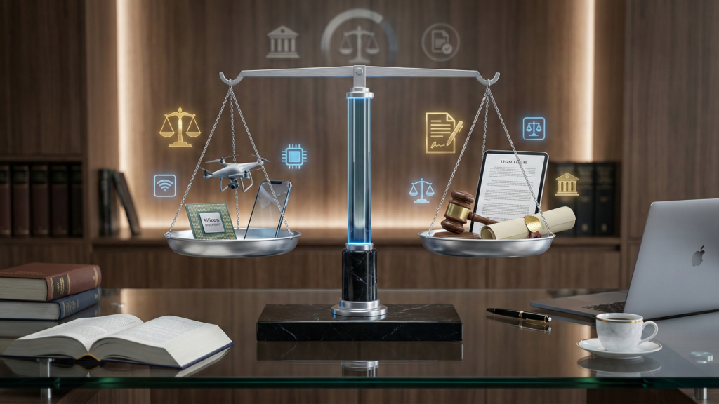 Balança de justiça digital integrada a elementos tecnológicos, representando a governança e regulamentação da IA no Brasil.