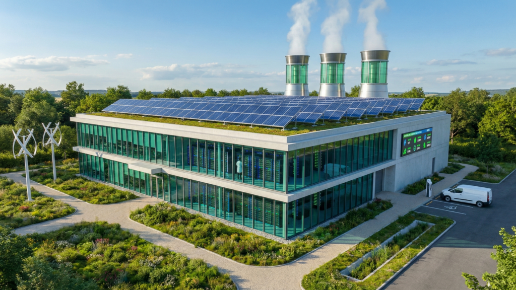 Datacenter futurista com painéis solares, sistemas de resfriamento verde e servidores iluminados em azul e verde, simbolizando computação sustentável.