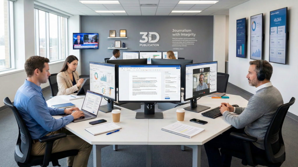 Redação jornalística moderna com jornalistas e assistentes de IA gerando infográficos e análises em tempo real.