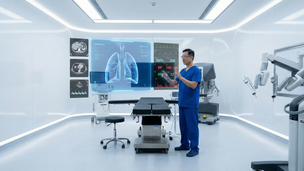 Médico analisando exames em interface holográfica em hospital futurista, representando o uso de IA na medicina.