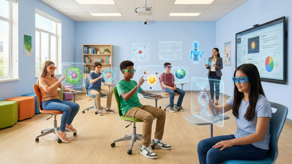 Sala de aula futurista com estudantes em realidade aumentada e professor assistido por IA, simbolizando aprendizado personalizado.
