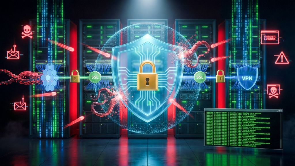 Escudo digital holográfico protegendo rede de servidores contra ataques em vermelho, simbolizando cibersegurança com IA.