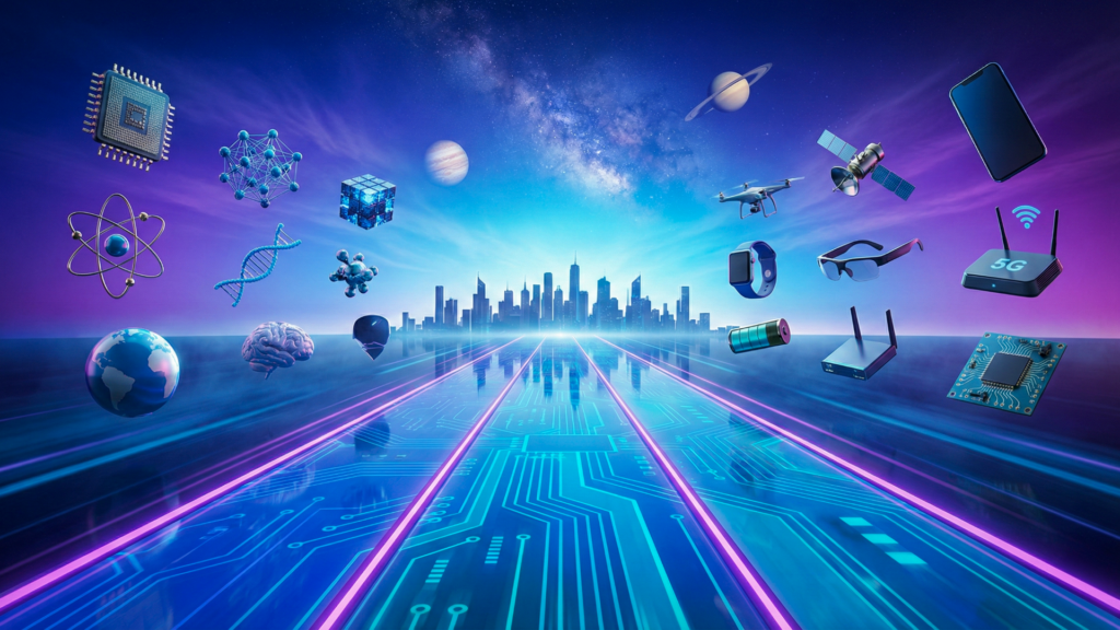 Estrada digital luminosa rumo ao horizonte com elementos tecnológicos flutuando, simbolizando o futuro da inteligência artificial.