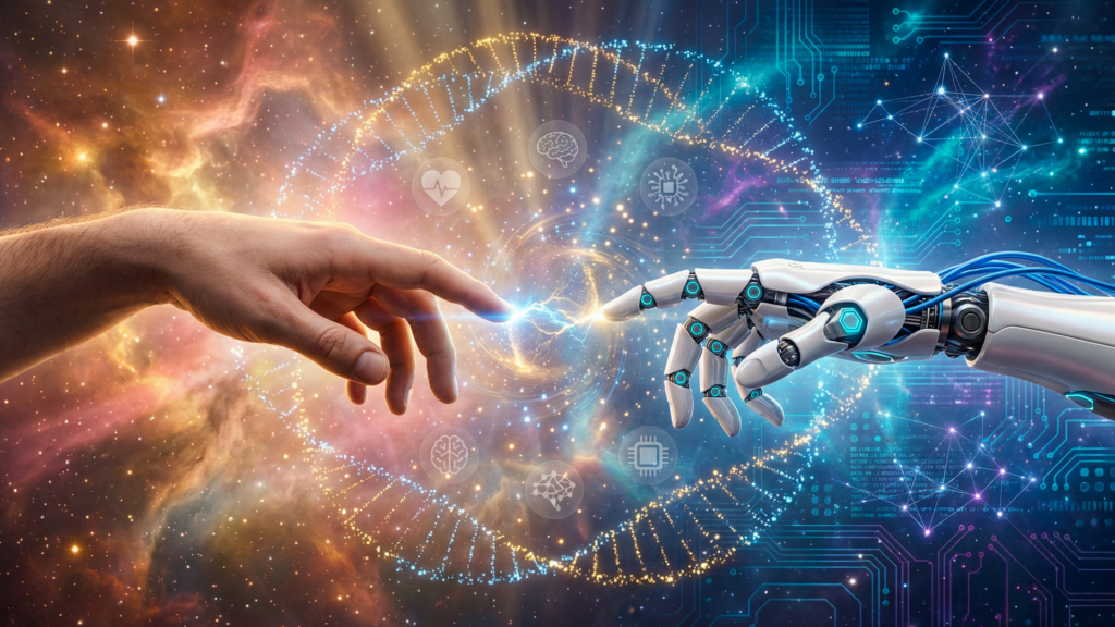 Mão humana e mão robótica quase se tocando diante de galáxia digital, simbolizando colaboração entre pessoas e IA.