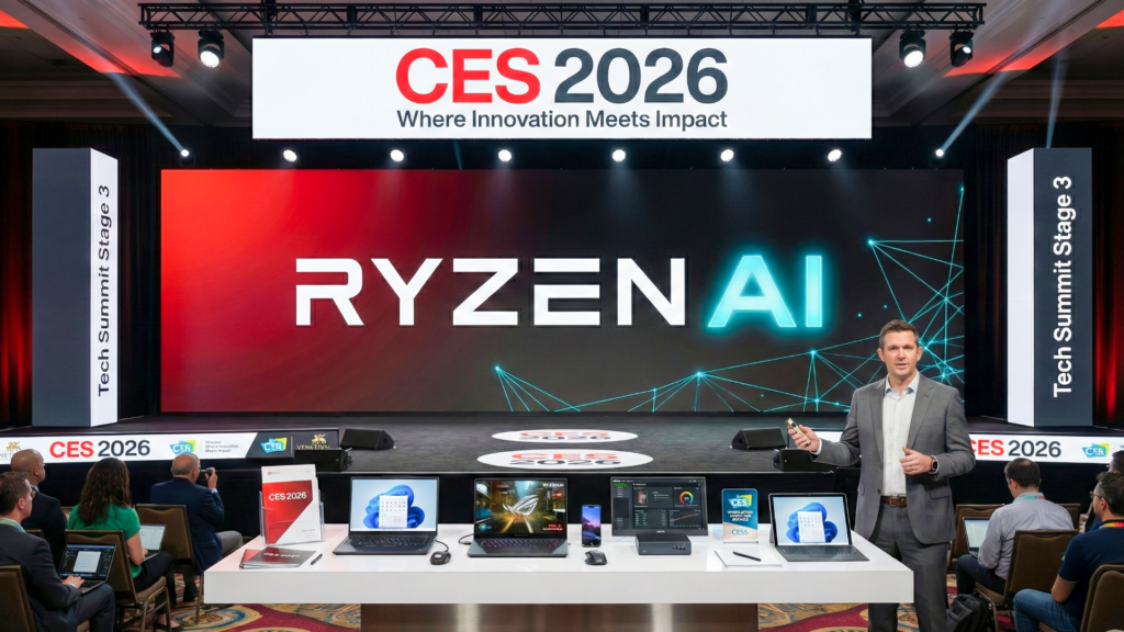 Processador AMD Ryzen AI 400 Series apresentado na CES 2026 com NPU capaz de 60 TOPS criando conexão entre data center e notebook para IA local.