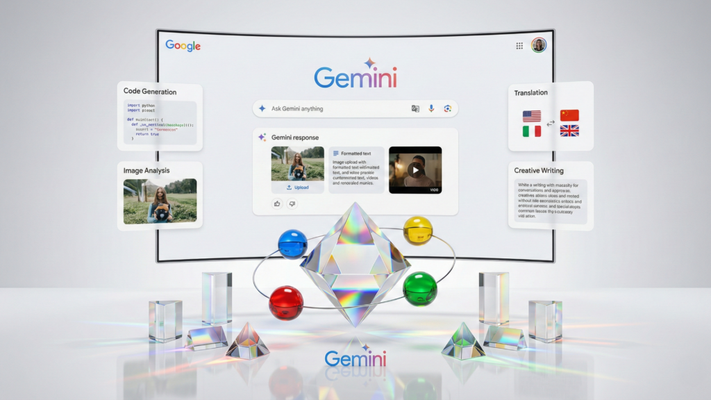 Interface de busca futurista com o logo colorido do Google Gemini integrado ao Google Search, simbolizando a nova experiência de busca com IA generativa.
