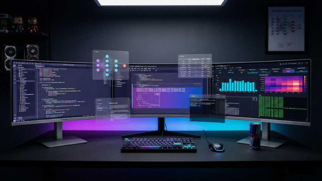 Workspace digital escuro com janelas exibindo código, automação e dashboards, representando o desenvolvimento da família Claude 4 da Anthropic.