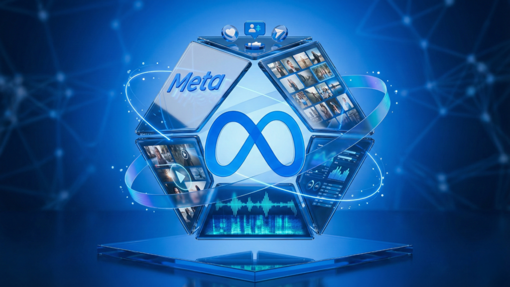 Composição 3D holográfica com texto, imagens, vídeos e áudio entrelaçados, representando a multimodalidade do Llama 4 da Meta.