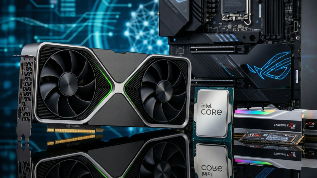 Placas de vídeo e processadores de última geração dispostos sobre superfície refletora, simbolizando as GPUs e CPUs lançadas na Computex 2025.