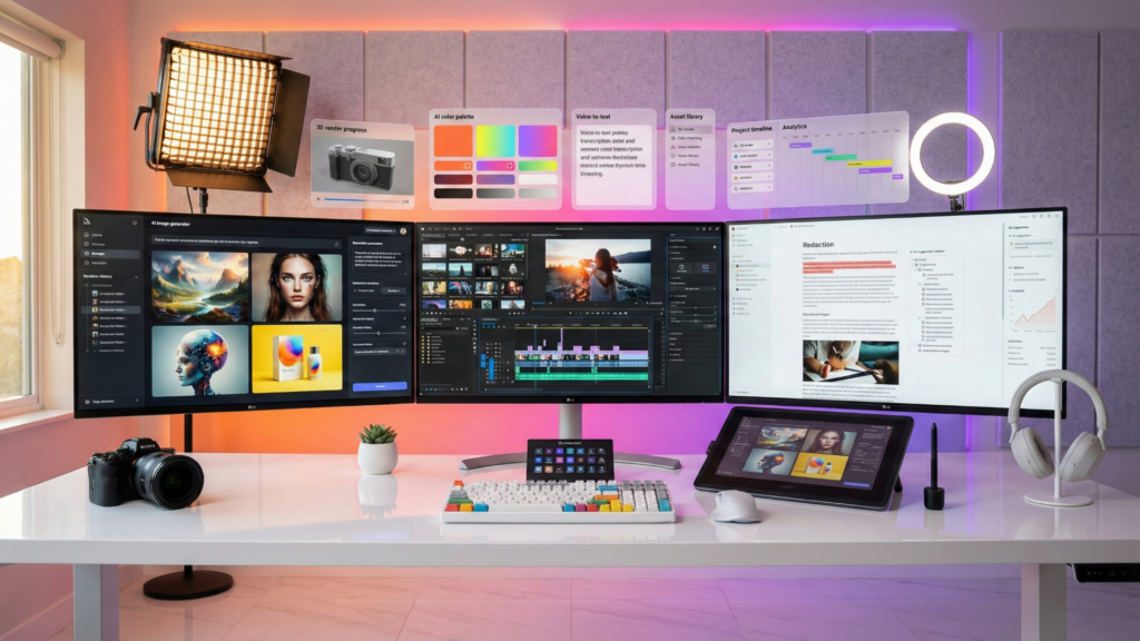 Workspace criativo com telas exibindo geração de imagens, edição de vídeo e produção de texto simultâneas, ilustrando a criação de conteúdo com IA generativa.