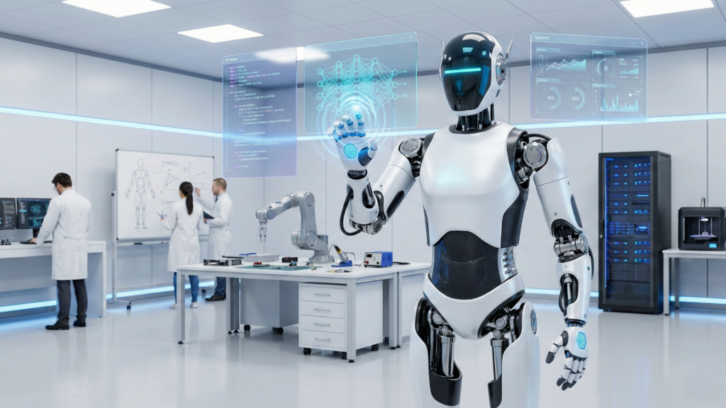 Robô humanoide futurista interagindo com interfaces holográficas em laboratório de alta tecnologia, representando robótica e aprimoramento neurológico.