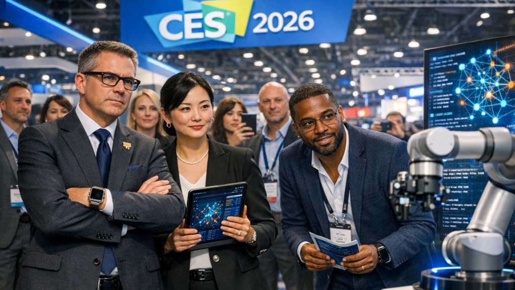 Visão dos corredores da CES 2026 ilustrando o excesso de novidades e a necessidade de um filtro de ruído para encontrar produtos de IA realmente viáveis.