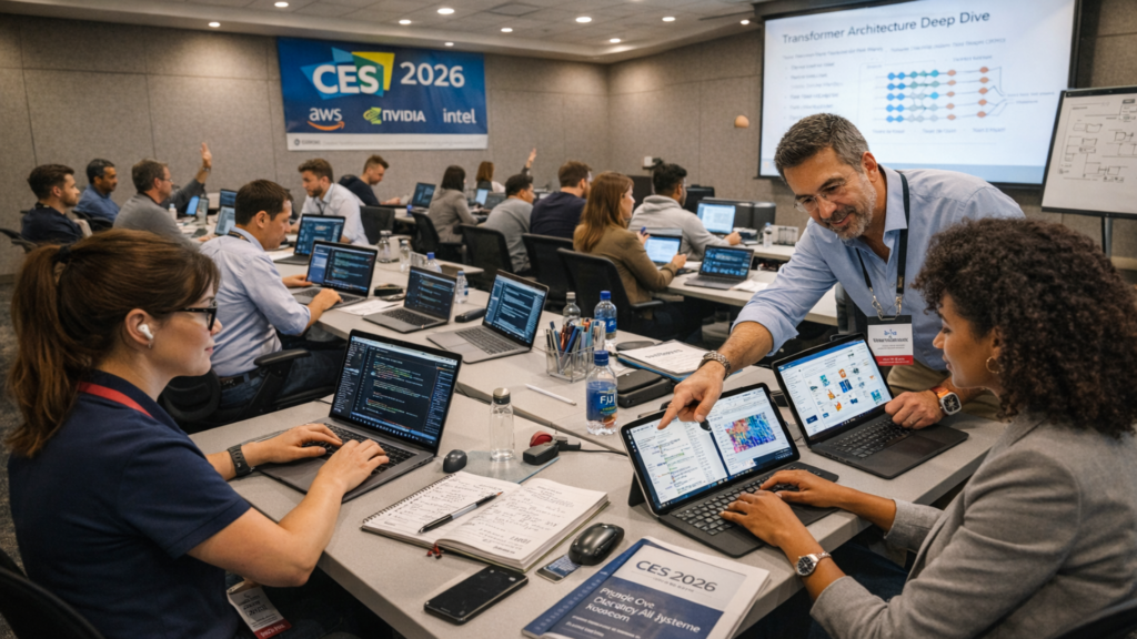 Foto dos CES AI Trainings 2026 destacando workshops práticos sobre agentes de IA, governança e adoção responsável de inteligência artificial.