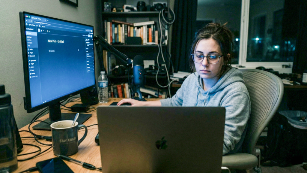 Mulher com expressão de cansaço trabalhando até tarde em frente a um monitor, que exibe a tela em branco de um novo post no painel do WordPress. A cena representa a fadiga e o bloqueio criativo na rotina de produção de artigos.