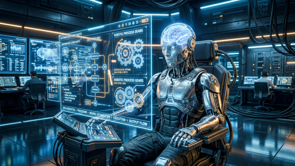 Robô humanoide cibernético operando um painel holográfico de alta tecnologia. O painel exibe fluxogramas complexos, conexões de rede e engrenagens de processos, simbolizando a inteligência artificial assumindo o trabalho repetitivo e a automação de dados.