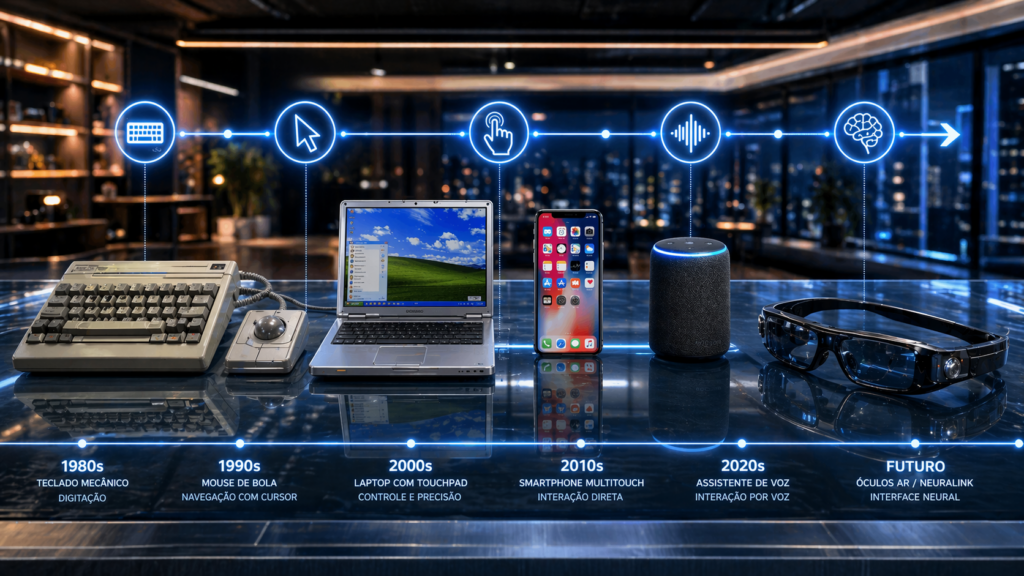 Linha do tempo da evolução tecnológica: de teclados mecânicos dos anos 1980 a óculos de realidade aumentada com interface neural do futuro.