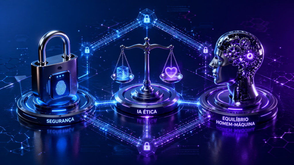 Ilustração sobre ética em inteligência artificial com símbolos de segurança digital, balança da justiça e equilíbrio entre humanos e máquinas em cenário futurista.