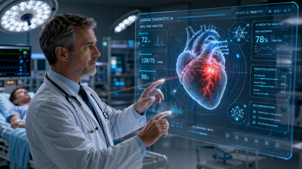 Médico utilizando inteligência artificial para diagnóstico cardíaco em tempo real com painel holográfico mostrando análise preditiva do coração em ambiente hospitalar.