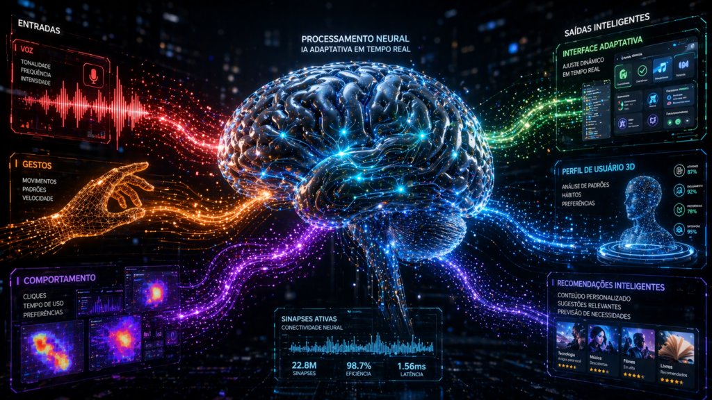 Ilustração de inteligência artificial com processamento neural em tempo real, mostrando entradas de dados, sinapses ativas e saídas inteligentes adaptativas.
