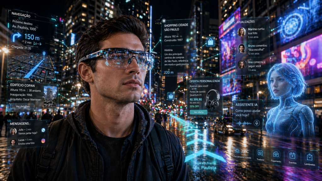 Homem usando óculos de realidade aumentada em cidade futurista com sobreposições digitais de navegação, assistente de IA holográfico e ofertas personalizadas em tempo real.