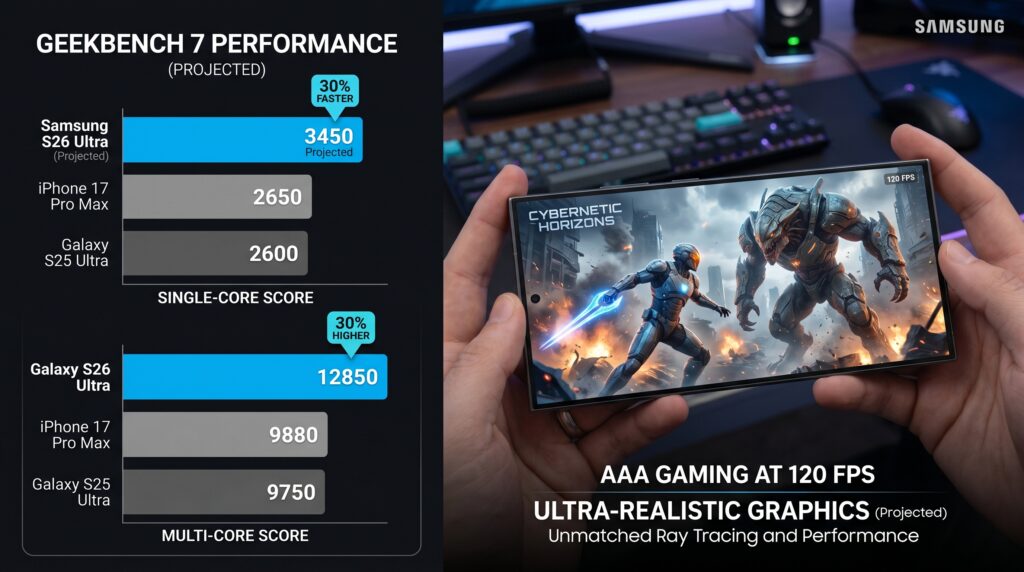 Gráfico de benchmark ilustrativo comparando desempenho do Samsung Galaxy S26 Ultra com outros smartphones
