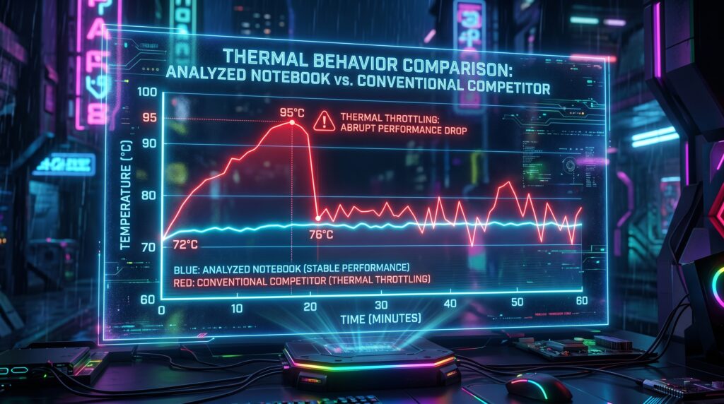 Gráfico ilustrativo gerado por IA comparando a estabilidade térmica de um notebook gamer com câmara de vapor e um concorrente convencional.