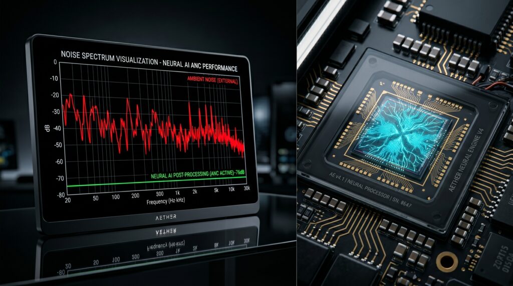Gráfico ultra-realista comparando o antes e depois do processamento de áudio externo por inteligência artificial com visualização de ondas sonoras em 12K.