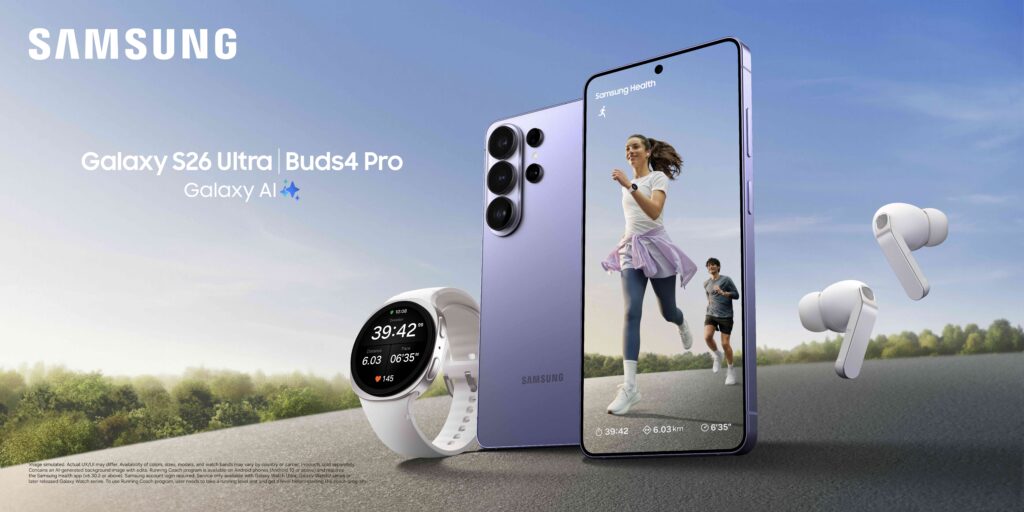 Samsung Galaxy S26 Ultra e Galaxy Buds4 Pro em ecossistema integrado para corrida e atividades ao ar livre