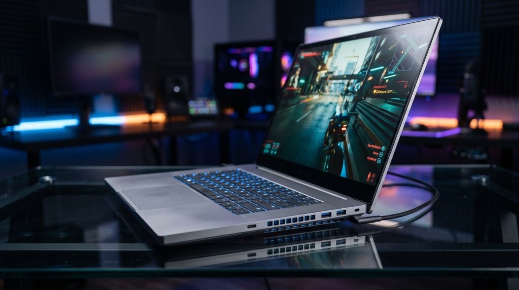 Imagem ilustrativa gerada por IA de notebook gamer executando jogo AAA com gráficos avançados e sistema de refrigeração por câmara de vapor.