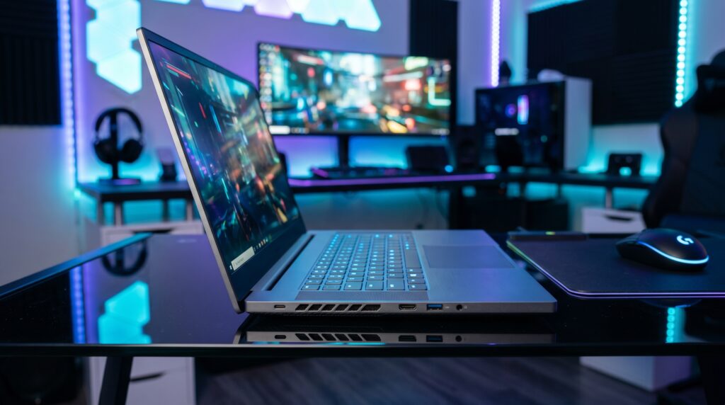 Imagem ilustrativa gerada por IA de notebook gamer premium com sistema de refrigeração por câmara de vapor e design ultrafino.