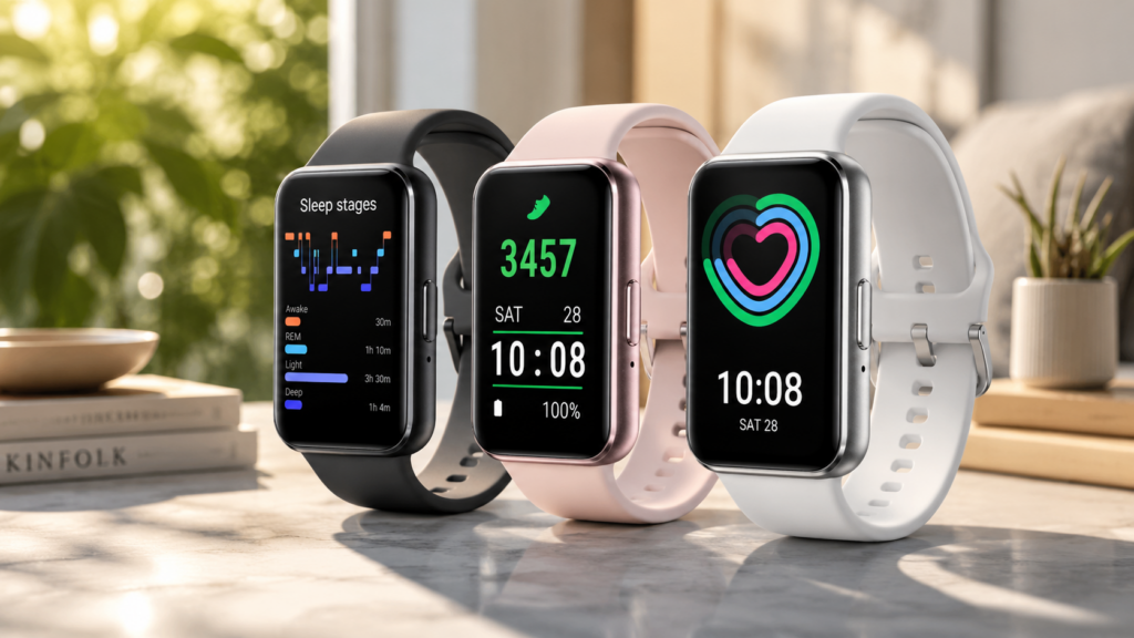 Três smartwatches Samsung Galaxy Fit3 nas cores grafite, rosa e prata alinhados sobre uma mesa de mármore iluminada, exibindo telas de monitoramento de sono e atividades.
