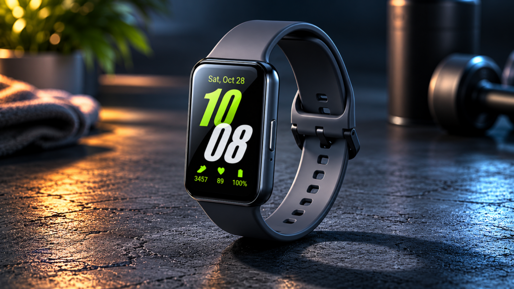 Relógio inteligente Samsung Galaxy Fit3 Grafite com tela AMOLED acesa sobre uma mesa escura texturizada, destacando o design premium de alumínio do smartwatch.