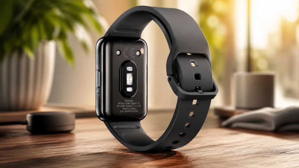 Close na parte traseira do smartwatch Samsung Galaxy Fit3 revelando os sensores ópticos de saúde e os pinos de carregamento magnético sobre uma mesa de madeira.