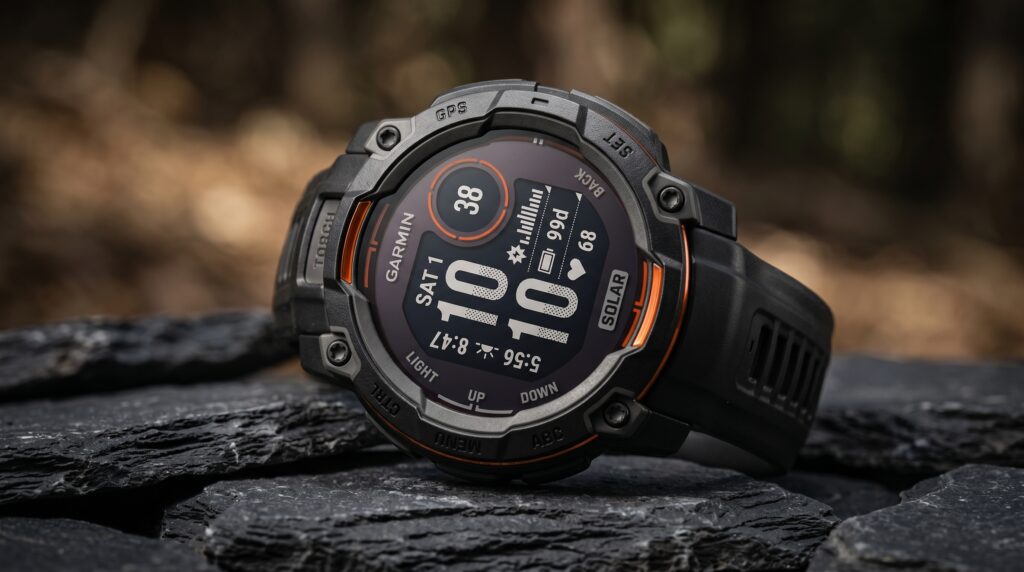 Relógio inteligente esportivo Garmin com tela solar e design robusto posicionado sobre pedras escuras, imagem ilustrativa gerada por IA.