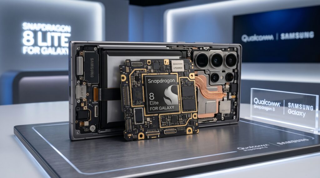 Snapdragon 8 Elite for Galaxy no interior do Samsung Galaxy S26 Ultra em imagem ilustrativa gerada por IA, destacando o processador e a arquitetura interna do smartphone premium