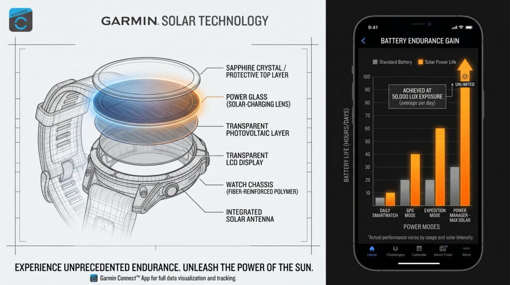 Diagrama técnico em visão expandida detalhando as camadas da tecnologia Garmin Solar, como o Power Glass, ao lado de um smartphone exibindo o gráfico de ganho de bateria, imagem gerada por IA.
